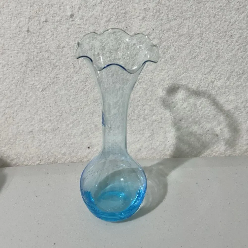 Handblown Blue Turquoise Glass Bud Vase Etched Flower Ruffled Edge Rounded Base